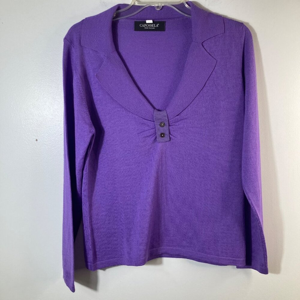 Womens Capossela Collared Gathered Scoop Neck Wool Sweater Purple L Wool Made in